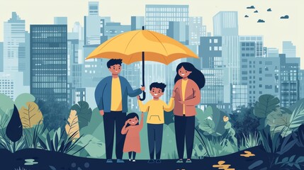 Family enjoying a rainy day under an umbrella in a city park surrounded by tall buildings and greenery