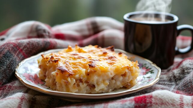 A comforting winter morning scene with hash brown casserole on a vintage floral plate, paired with a steaming mug of coffee, isolated on a soft plaid cloth background