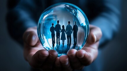 Group of people standing inside a crystal ball held by a person, symbolizing unity and vision in a creative concept