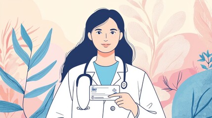 Healthcare professional holding a health card in a modern illustration with plants in the background