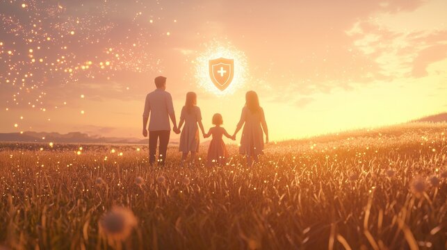 Family enjoys a serene sunset walk in a golden meadow holding hands with a mystical emblem in the sky