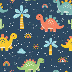 Seamless pattern with vector stylized cute dinosaurs, palm trees, rainbows, and abstract elements.