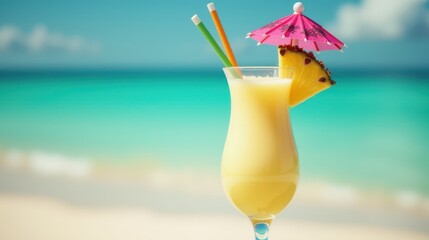 A refreshingly sweet piña colada, crowned with a tropical umbrella, capturing dreamy summer vibes on a serene shoreline.