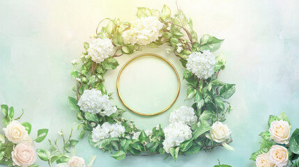 Elegant floral wreath with white hydrangeas and round frame on pastel background. Concept of luxury, wedding decor, and nature-inspired design. Perfect for invitations, branding, and festive visuals