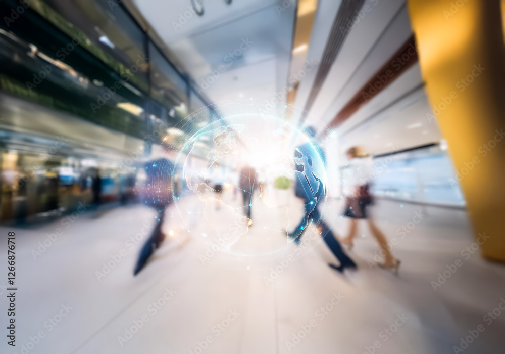 Poster blurred view of people walking through a busy, modern hong kong building.