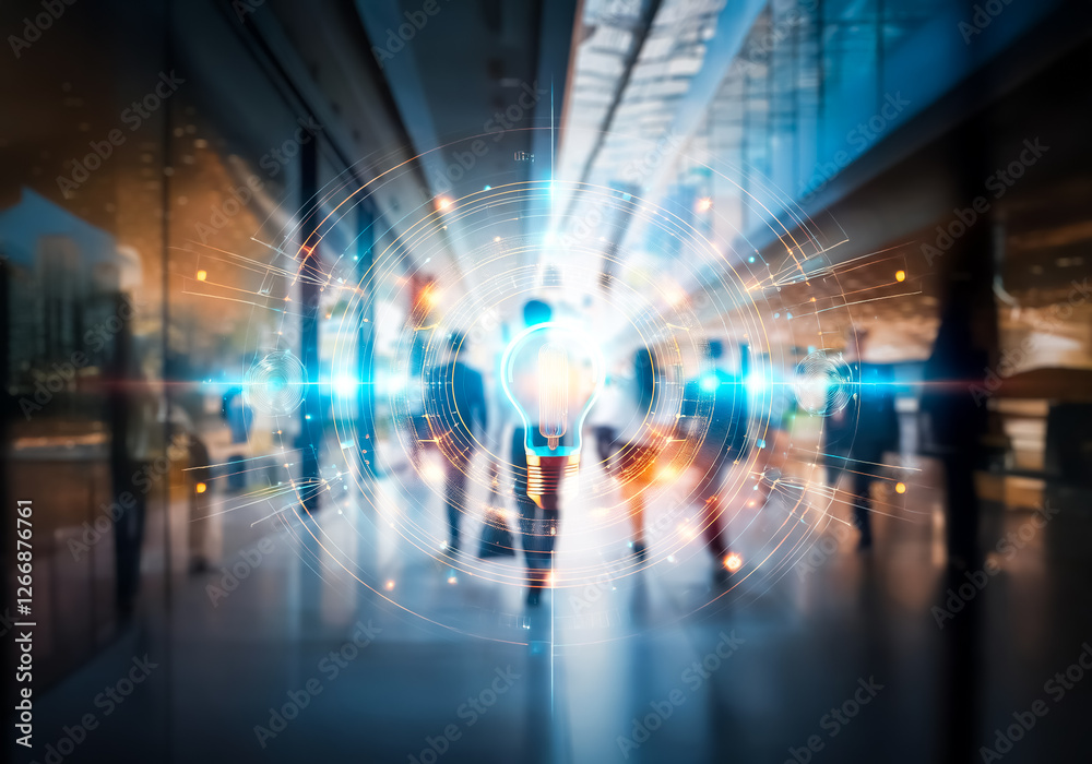 Poster Blurred figures moving through a bright, commercial space in Hong Kong.  An active business environment with motion and urban energy is conveyed.