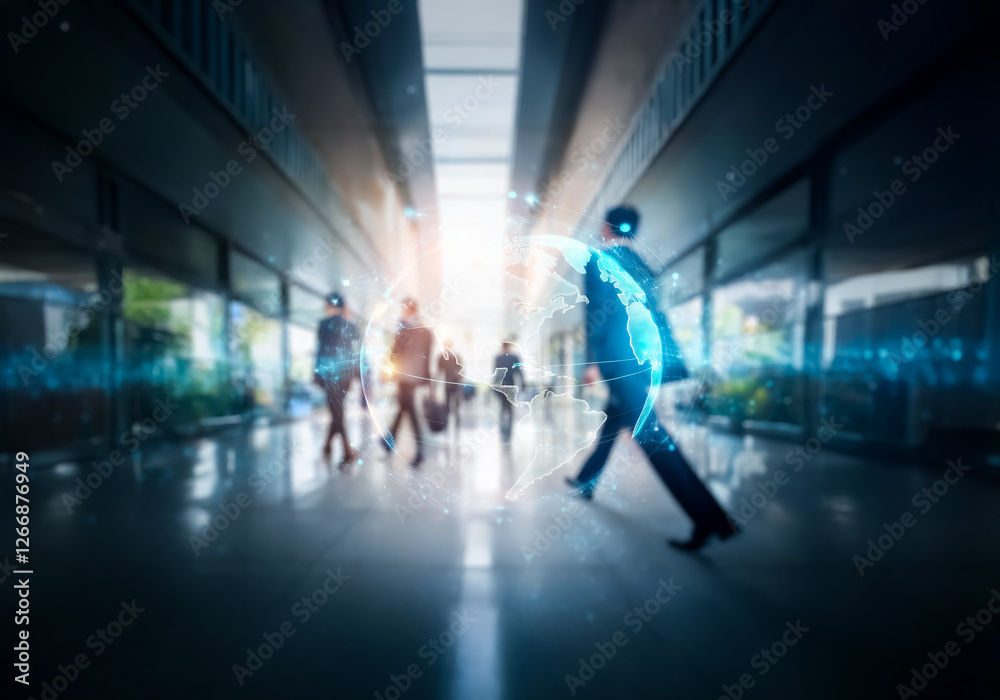 Poster blurred image of people in suits walking through a modern building in hong kong.