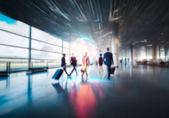 Blurred figures walking in a bright, modern commercial space in Hong Kong. Business travelers with luggage move through a contemporary building.