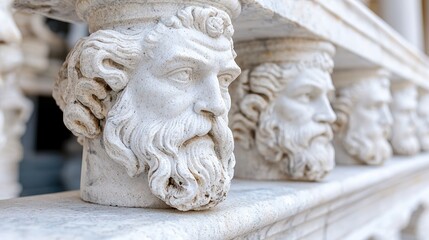 Obraz premium Ancient stone busts adorn balustrade, Italian architecture backdrop