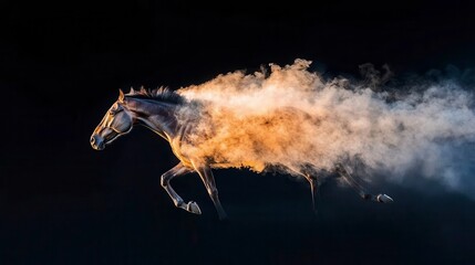 Fototapeta premium Brown Horse Galloping Through Golden Dust Against Black Background