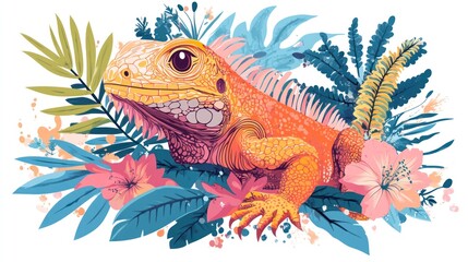 Fototapeta premium Orange Iguana portrait with floral background and tropical foliage for decoration or design