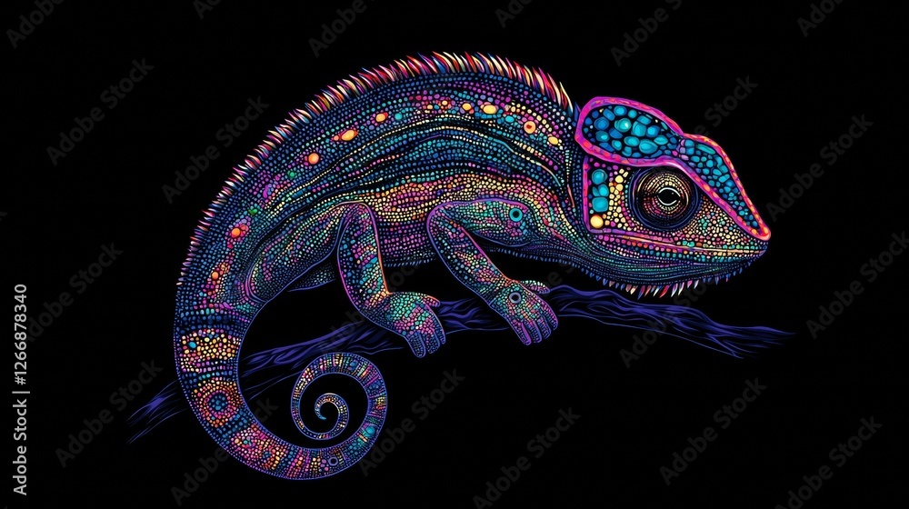 Wall mural Colorful chameleon perched on a branch in a vibrant artistic style against a dark background