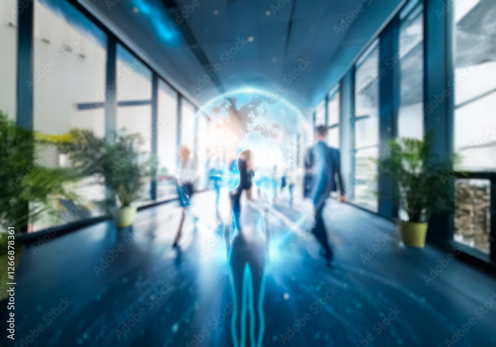 Poster blurred view of people walking in a modern hallway with large windows and plants.
