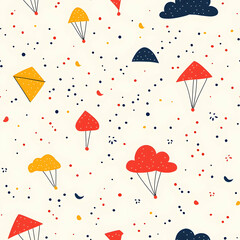 A whimsical pattern featuring colorful kites, clouds, and parachutes on a light background.