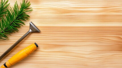 Gardening Tools and Pine Branch on Wooden Surface