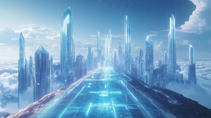 Fototapeta premium Futuristic city skyline with towering crystalline spires, holographic pathways, shimmering digital skies