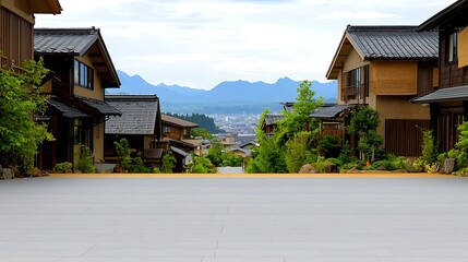 Scenic view of a serene residential street lined with traditional houses and lush greenery, with mountains in the background
