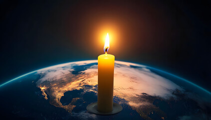 Fototapeta premium a meaningful World Religion Day image where a glowing candle illuminates the planet, emphasizing peace, spiritual harmony, and universal connection