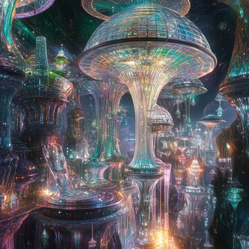 Citt&agrave; futuristica aliena con luci e strani edifici