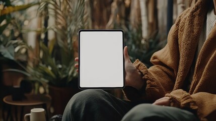Individual holds a blank tablet in nature-inspired indoor setting, promoting digital engagement and creativity with technology
