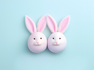 Two easter eggs bunnies with ears isolated on blue background, easter background concept