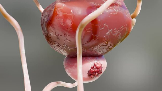 Prostate cancer stages. ancerous cells, malignant tumor compresses urethra. Pathological disruption, genital reproductive system, alpha channel, bladder Oncological or Urological Disease, 3d render