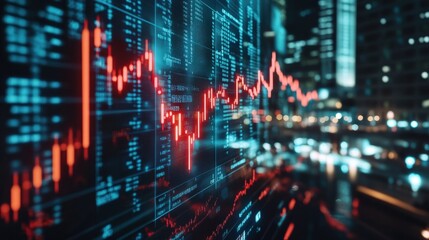 Abstract financial data visualization with fluctuating graphs and city lights in the background