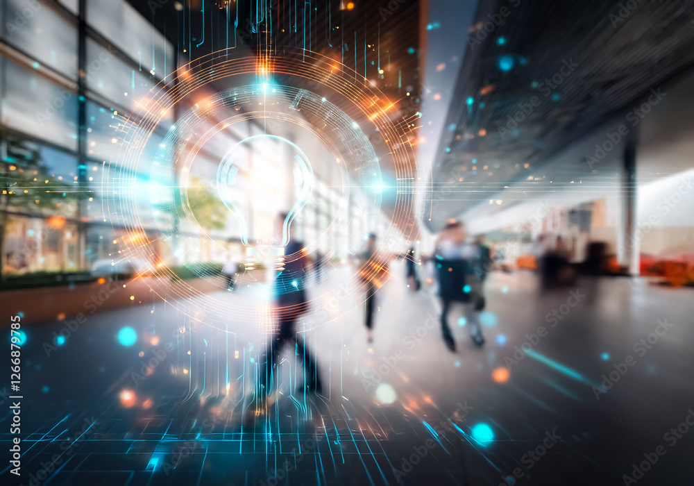 Poster blurred figures walk through a modern commercial space in hong kong, overlaid with digital network l