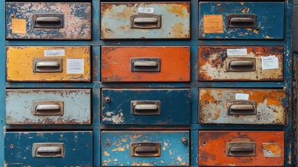 Steel filing cabinet with multiple drawers and labels