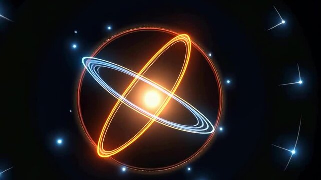 a stylized model of an atom. In the center is a bright glowing sphere representing the core. There are two intersecting orbits around the core.