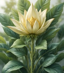 Obraz premium A digitally painted illustration of a serene, creamy white flower with lush green leaves. The detail is exquisite.