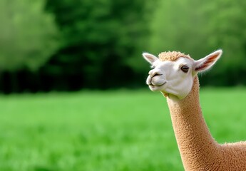 Obraz premium Close Up Fluffy Light Brown Alpaca In Green Field