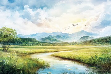 Obraz premium Serene mountain valley sunrise; birds fly; river flows; peaceful landscape; ideal for travel brochures