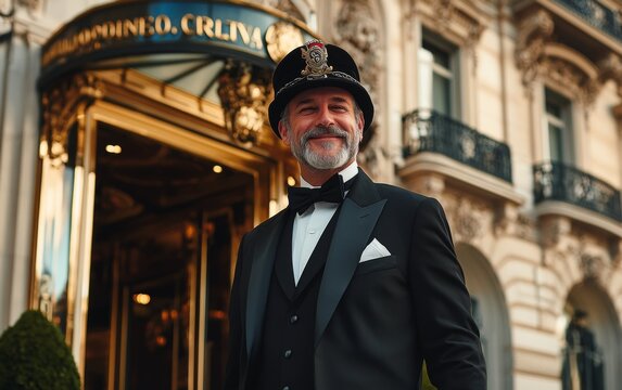 Elegant hotel concierge welcoming guests outside a luxury establishment in Paris during the evening