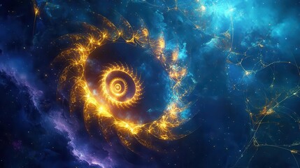 Sacred geometry symbol of a Golden Fibonacci spiral glowing amidst a celestial backdrop of deep blues and purples, exuding mystical energy, in a high-resolution digital painting