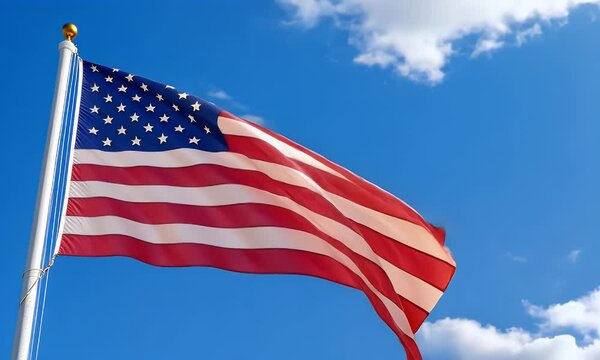 US flag waving, sunny sky, clouds, patriotic backdrop, website