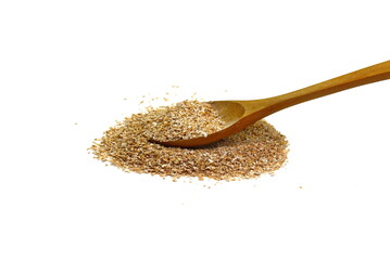 Dry spelt bran in a wooden spoon  isolated on white background. Powder Organic Spelt Bran.