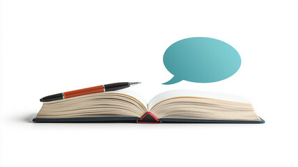 Naklejka premium A high-resolution image of a speech bubble, book, and pen against a flawless white background.