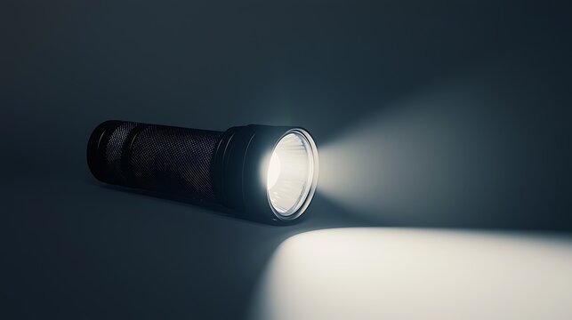 A flashlight is lit up and shining on a wall