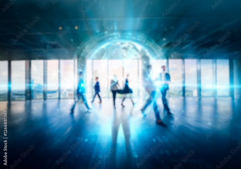 Poster blurry image of people walking in an office building with large windows overlooking an urban citysca