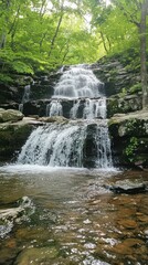 Fototapeta premium cascading waterfall, surrounded by lush greenery and moss-covered rocks, creates an enchanting natural scene. The water is crystal clear with soft ripples as it flows down the rocky surface