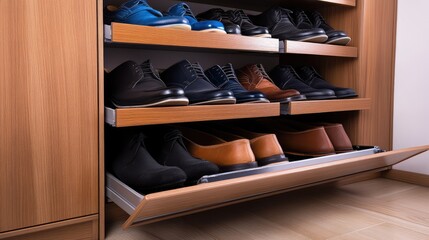 Wooden shoe cabinet with sliding doors in a tidy room