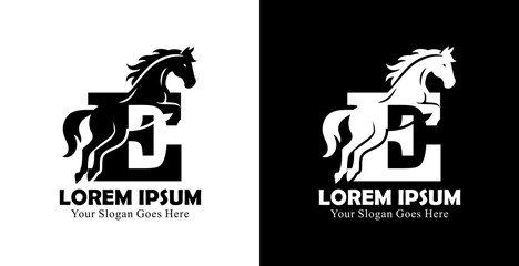 The logo design is in the form of a jumping horse combined with the letter E