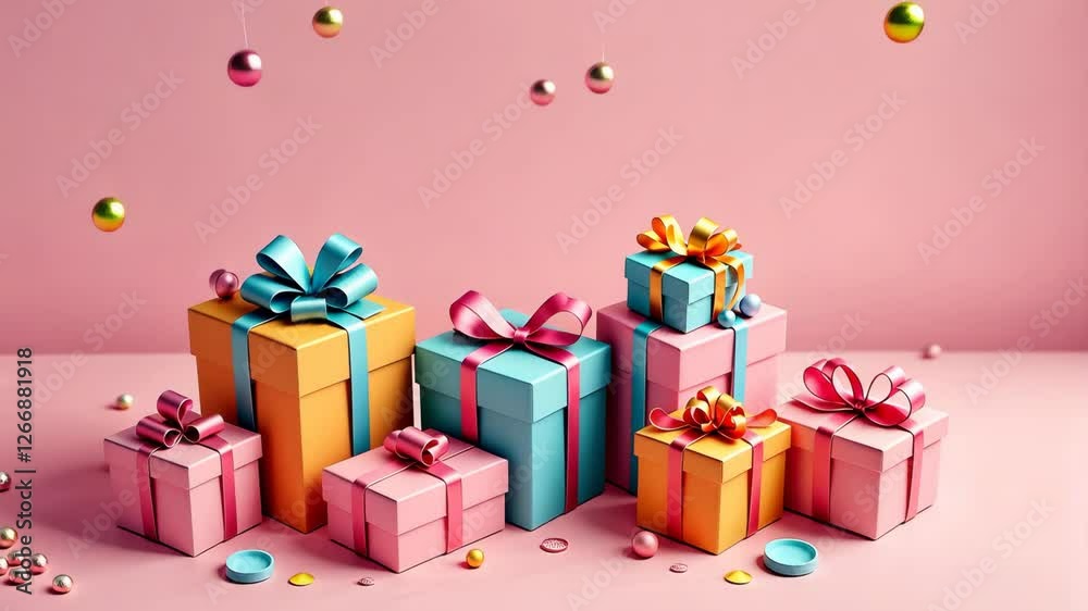 Aufkleber A stack of colorful boxes with pink bows on them. The boxes are of different sizes and colors