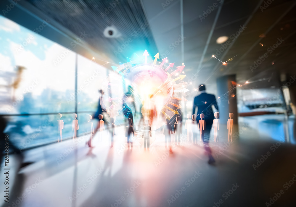 Poster Blurred figures in motion inside a modern commercial building in Hong Kong, showcasing a dynamic and fast-paced business environment.