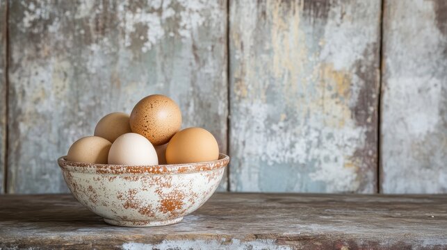 Fresh Eggs in Rustic Bowl Against Weathered Wooden Background - Powered by Adobe