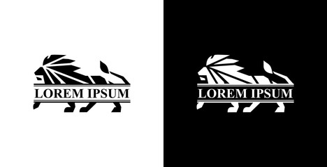 Lion logo design with geometric shapes combined with writing