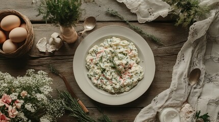 Fresh Herb Salad with Creamy Dressing and Rustic Kitchen Decor
