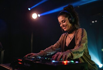 smiley young female dj mixing