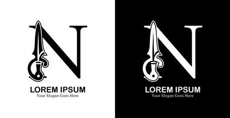sword-shaped logo design combined with the letter N